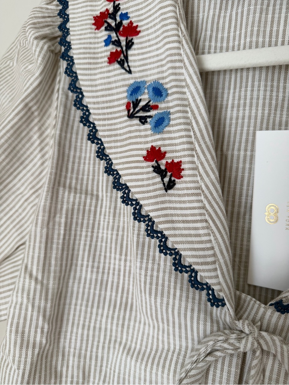 Caroline Constas Cream cotton Striped floral Embroidered Sailor tie Blouse - Picture 3 of 5